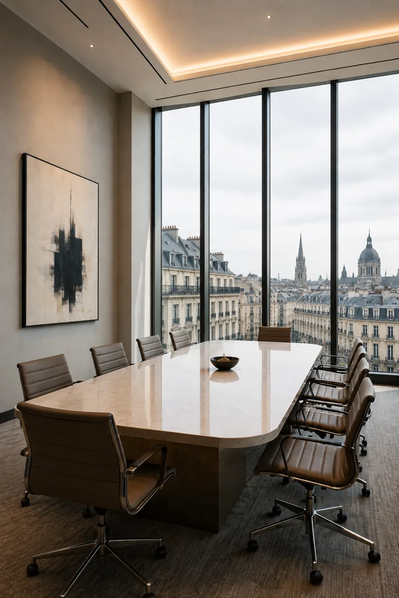 A private boardroom overlooking a European city
